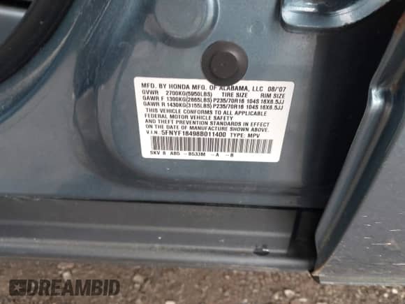 2008 Honda Pilot EX with VIN 5FNYF18498B011400, listed as a IAAI auction lot 43506593 with 168,160 mi miles and . Bid and sale history available at DreamBid. Image 9.