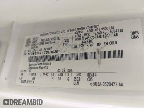 2012 Ford Econoline Cargo Commercial with VIN 1FDSS3EL1CDB10281, listed as a IAAI auction lot 41410176 with 590,744 mi miles and . Bid and sale history available at DreamBid. Image 9.