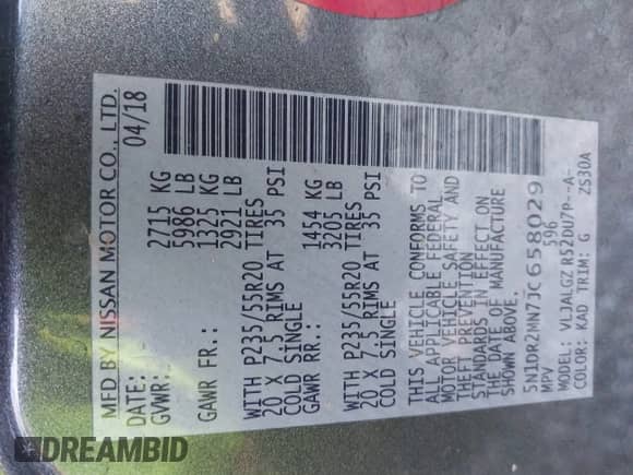 2018 Nissan Pathfinder S with VIN 5N1DR2MN7JC658029, listed as a IAAI auction lot 41132739 with 116,917 mi miles and . Bid and sale history available at DreamBid. Image 9.