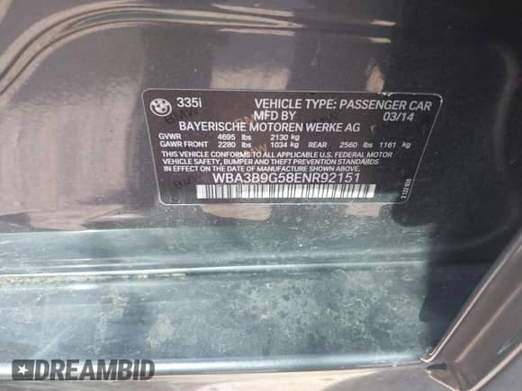 2014 BMW 3 Series 335i xDrive с VIN WBA3B9G58ENR92151, выставлен на аукционе IAAI как лот 41687263 с пробегом Не указан миль и . История ставок и продаж доступна на DreamBid. Изображение 9.