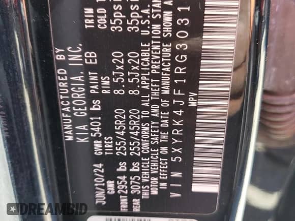 2024 Kia Sorento SX z VIN 5XYRK4JF1RG303162, wystawiony jako Copart lot #49555015 z przebiegiem 12 mil mil oraz Szkoda całkowita • Salvage title. Historia ofert i sprzedaży dostępna na DreamBid. Obrazek 13.