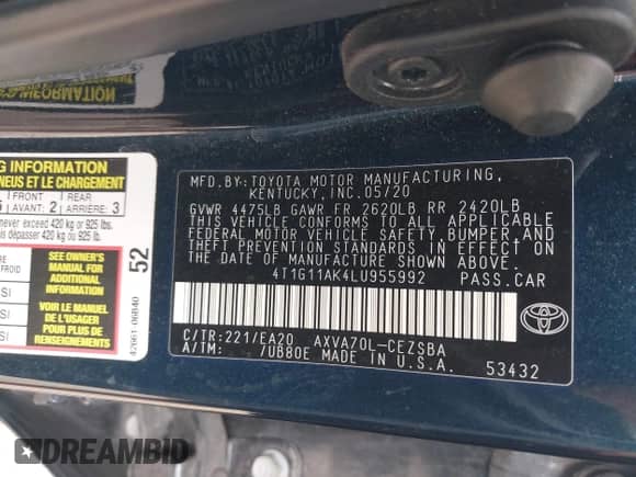 2020 Toyota Camry SE with VIN 4T1G11AK4LU955992, listed as a IAAI auction lot 43027088 with 77,002 mi miles and . Bid and sale history available at DreamBid. Image 9.