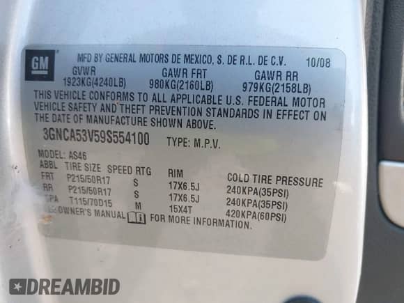 2009 Chevrolet HHR 2LT с VIN 3GNCA53V59S554100, выставлен на аукционе IAAI как лот 43165025 с пробегом 184 726 миль миль и . История ставок и продаж доступна на DreamBid. Изображение 9.