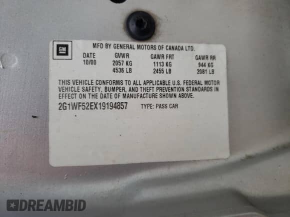 2001 Chevrolet Impala с VIN 2G1WF52EX19194857, выставлен на аукционе Copart как лот 67454105 с пробегом Не указан миль и Списание • Salvage title. История ставок и продаж доступна на DreamBid. Изображение 12.