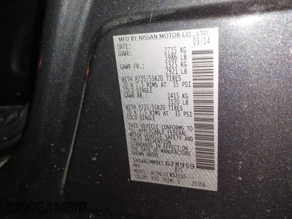 2014 Nissan Pathfinder SV z VIN 5N1AR2MM9EC678959, wystawiony jako IAAI lot #41390134 z przebiegiem 120 085 mil mil oraz . Historia ofert i sprzedaży dostępna na DreamBid. Obrazek 9.