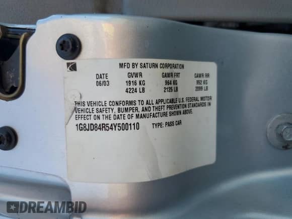 2004 Saturn L L300 2 with VIN 1G8JD84R54Y500110, listed as a Copart auction lot 81977884 with 110,993 mi miles and Salvage title. Bid and sale history available at DreamBid. Image 14.