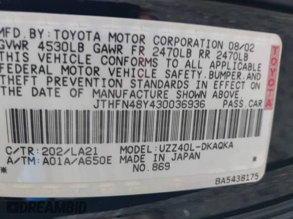 2003 Lexus SC 430 с VIN JTHFN48Y430036936, выставлен на аукционе IAAI как лот 43043950 с пробегом 94 693 миль миль и . История ставок и продаж доступна на DreamBid. Изображение 9.