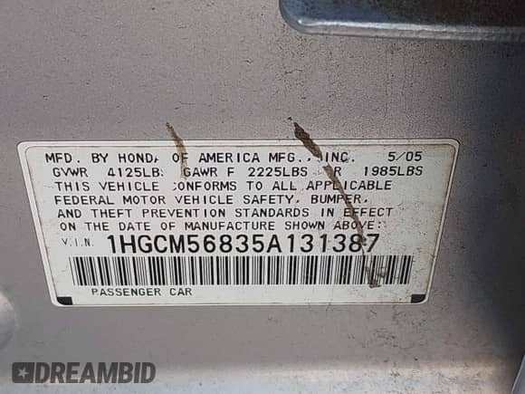 2005 Honda Accord EX-L с VIN 1HGCM56835A131387, выставлен на аукционе IAAI как лот 43432632 с пробегом 208 605 миль миль и . История ставок и продаж доступна на DreamBid. Изображение 9.