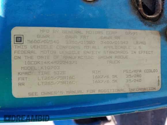 1991 Chevrolet Silverado 1500 с VIN 1GCDK14K4MZ224371, выставлен на аукционе IAAI как лот 42228987 с пробегом 131 598 миль миль и . История ставок и продаж доступна на DreamBid. Изображение 9.