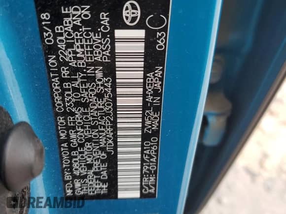 2018 Toyota Prius Plus with VIN JTDKARFP2J3075443, listed as a Copart auction lot 67347005 with 83,570 mi miles and Salvage title. Bid and sale history available at DreamBid. Image 12.