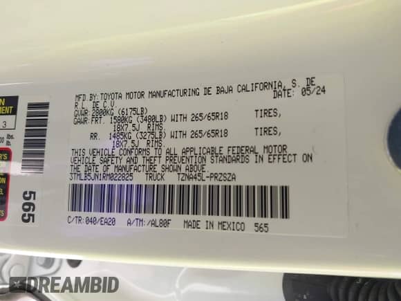 2024 Toyota Tacoma SR5 with VIN 3TMLB5JN1RM022825, listed as a IAAI auction lot 41356038 with 3,977 mi miles and . Bid and sale history available at DreamBid. Image 9.