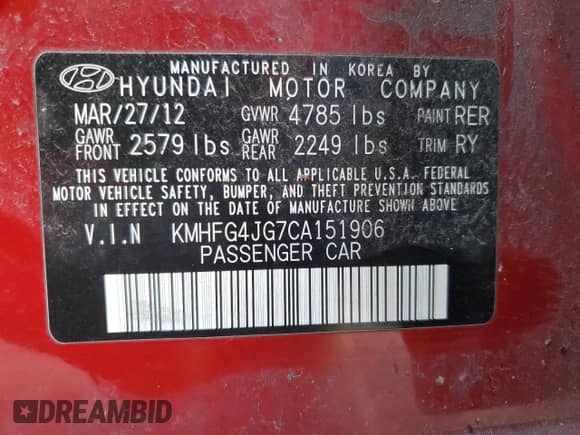 2012 Hyundai Azera с VIN KMHFG4JG7CA151906, выставлен на аукционе Copart как лот 82734055 с пробегом 90 125 миль миль и Чистый • Clean title. История ставок и продаж доступна на DreamBid. Изображение 12.