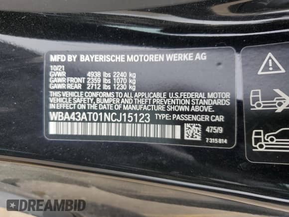 2022 BMW 4 Series 430i xDrive z VIN WBA43AT01NCJ15123, wystawiony jako Copart lot #49041984 z przebiegiem 14 296 mil mil oraz Szkoda całkowita • Salvage title. Historia ofert i sprzedaży dostępna na DreamBid. Obrazek 13.