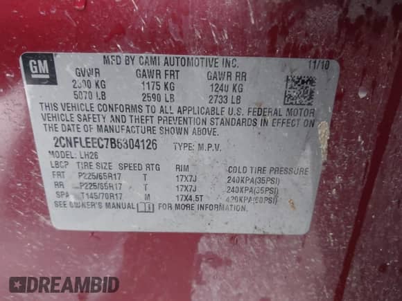 2011 Chevrolet Equinox 1LT with VIN 2CNFLEEC7B6304126, listed as a IAAI auction lot 40963287 with 182,026 mi miles and . Bid and sale history available at DreamBid. Image 9.