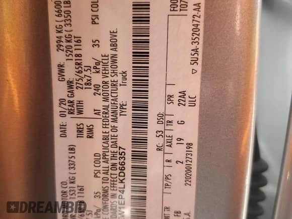 2020 Ford F-150 XL z VIN 1FTEW1EP4LKD66357, wystawiony jako Copart lot #69706735 z przebiegiem 72 632 mil mil oraz Szkoda całkowita • Salvage title. Historia ofert i sprzedaży dostępna na DreamBid. Obrazek 12.