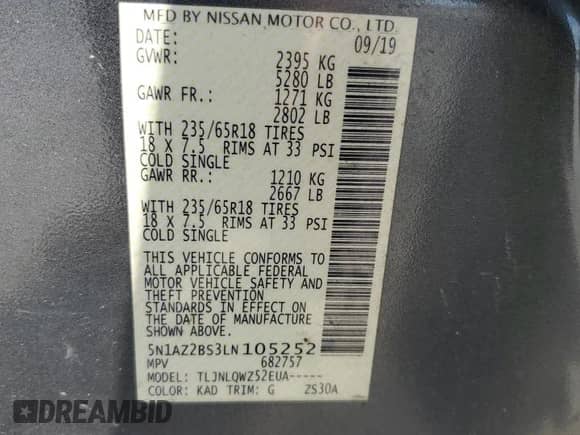 2020 Nissan Murano SV with VIN 5N1AZ2BS3LN105252, listed as a Copart auction lot 80778395 with 86,764 mi miles and Salvage title. Bid and sale history available at DreamBid. Image 14.