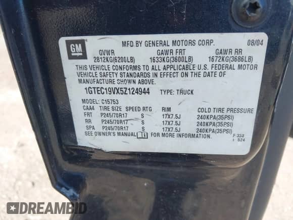 2005 GMC Sierra 1500 SLE с VIN 1GTEC19VX5Z124944, выставлен на аукционе IAAI как лот 43279048 с пробегом 255 226 миль миль и . История ставок и продаж доступна на DreamBid. Изображение 9.
