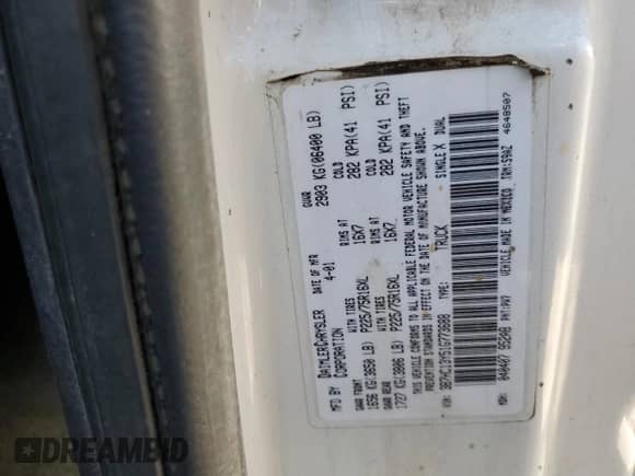 2001 Dodge 1500 с VIN 3B7HC13Y51G773688, выставлен на аукционе Copart как лот 72049464 с пробегом Не указан миль и Списание • Salvage title. История ставок и продаж доступна на DreamBid. Изображение 12.