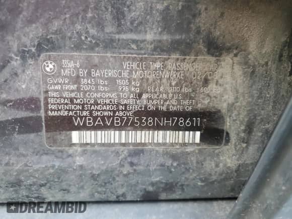 2008 BMW 3 Series 335i z VIN WBAVB77538NH78611, wystawiony jako Copart lot #82668195 z przebiegiem 174 848 mil mil oraz Szkoda całkowita • Salvage title. Historia ofert i sprzedaży dostępna na DreamBid. Obrazek 13.