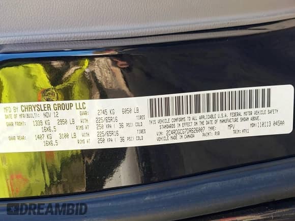 2013 Dodge Grand Caravan SXT with VIN 2C4RDGCG7DR626007, listed as a IAAI auction lot 43469730 with 161,953 mi miles and . Bid and sale history available at DreamBid. Image 9.
