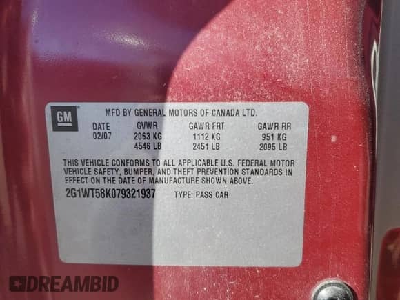 2007 Chevrolet Impala LT с VIN 2G1WT58K079321937, выставлен на аукционе Copart как лот 81965695 с пробегом 126 108 миль миль и Чистый • Clean title. История ставок и продаж доступна на DreamBid. Изображение 12.