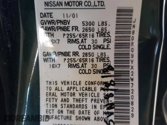 2002 Nissan Pathfinder SE with VIN JN8DR09YX2W720829, listed as a Copart auction lot 58004814 with 268,754 mi miles and Salvage title. Bid and sale history available at DreamBid. Image 15.