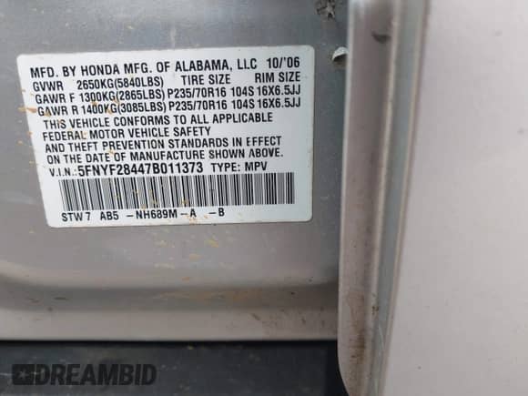 2007 Honda Pilot EX with VIN 5FNYF28447B011373, listed as a IAAI auction lot 43296314 with 218,827 mi miles and . Bid and sale history available at DreamBid. Image 9.