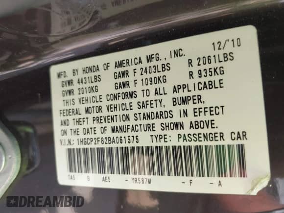 2011 Honda Accord EX-L с VIN 1HGCP2F82BA061575, выставлен на аукционе IAAI как лот 42905258 с пробегом Не указан миль и . История ставок и продаж доступна на DreamBid. Изображение 9.