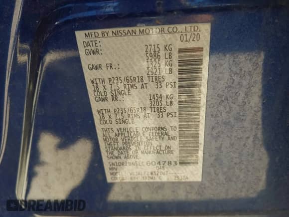2020 Nissan Pathfinder SV with VIN 5N1DR2BN5LC604783, listed as a IAAI auction lot 43084275 with 114,866 mi miles and . Bid and sale history available at DreamBid. Image 9.