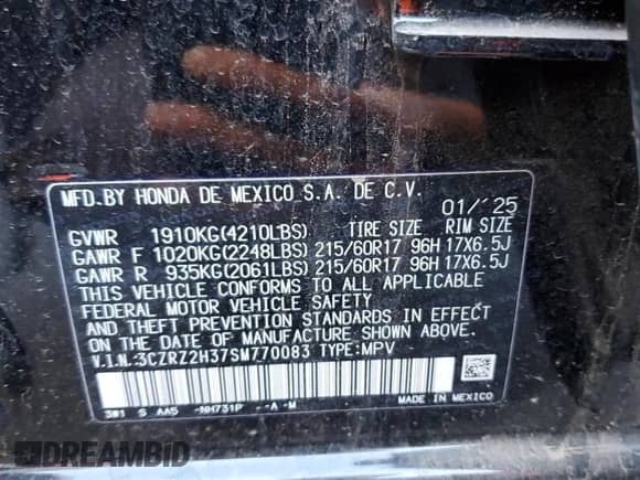 2025 Honda HR-V LX with VIN 3CZRZ2H37SM770083, listed as a Copart auction lot 86606915 with 12,426 mi miles and Clean title. Bid and sale history available at DreamBid. Image 13.
