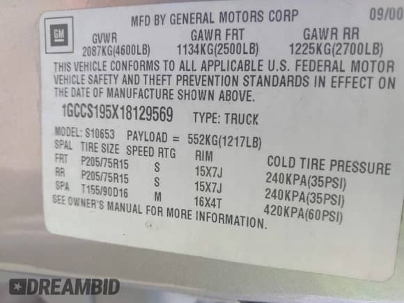 2001 Chevrolet S-10 LS with VIN 1GCCS195X18129569, listed as a IAAI auction lot 42515400 with 179,056 mi miles and . Bid and sale history available at DreamBid. Image 9.