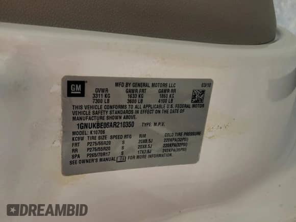 2010 Chevrolet Tahoe LT с VIN 1GNUKBE06AR210350, выставлен на аукционе Copart как лот 69674835 с пробегом 193 628 миль миль и Списание • Salvage title. История ставок и продаж доступна на DreamBid. Изображение 13.