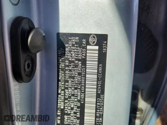 2008 Toyota Camry LE z VIN 4T4BE46K88R019251, wystawiony jako Copart lot #89640655 z przebiegiem 171 758 mil mil oraz Nie do naprawy • Non repairable. Historia ofert i sprzedaży dostępna na DreamBid. Obrazek 12.