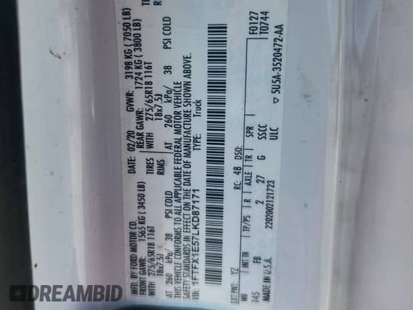 2020 Ford F-150 XL с VIN 1FTFX1E57LKD87171, выставлен на аукционе Copart как лот 72049065 с пробегом 115 930 миль миль и Списание • Salvage title. История ставок и продаж доступна на DreamBid. Изображение 12.