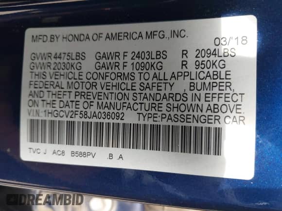 2018 Honda Accord EX-L with VIN 1HGCV2F58JA036092, listed as a IAAI auction lot 42475471 with 102,627 mi miles and . Bid and sale history available at DreamBid. Image 9.
