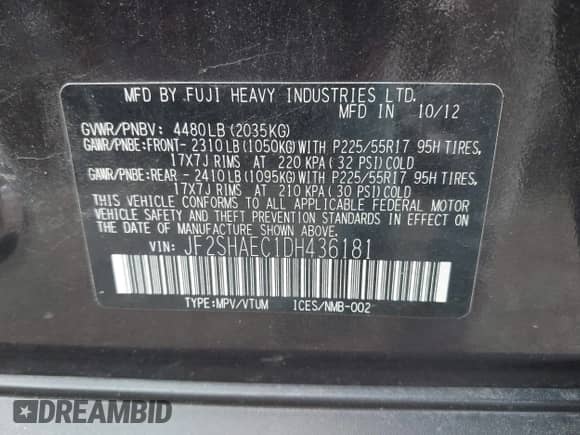 2013 Subaru Forester X Limited with VIN JF2SHAEC1DH436181, listed as a IAAI auction lot 42744187 with 155,868 mi miles and . Bid and sale history available at DreamBid. Image 9.