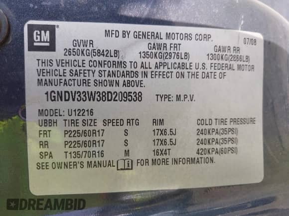 2008 Chevrolet Uplander 1LT with VIN 1GNDV33W38D209538, listed as a IAAI auction lot 42681211 with 117,002 mi miles and . Bid and sale history available at DreamBid. Image 9.