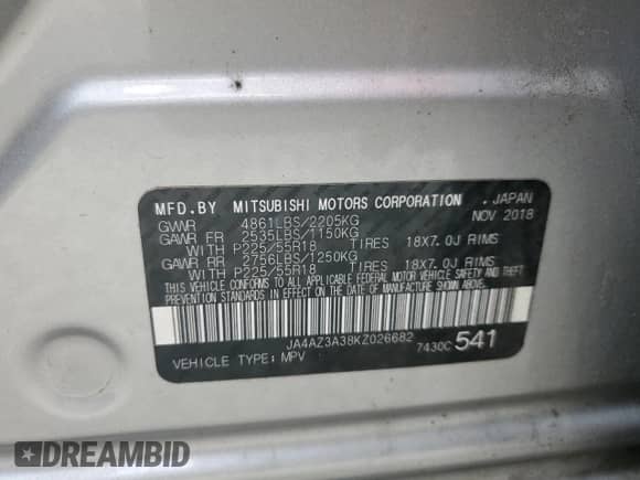 2019 Mitsubishi Outlander ES z VIN JA4AZ3A38KZ026682, wystawiony jako Copart lot #82217935 z przebiegiem 99 115 mil mil oraz Nie do naprawy • Non repairable. Historia ofert i sprzedaży dostępna na DreamBid. Obrazek 12.