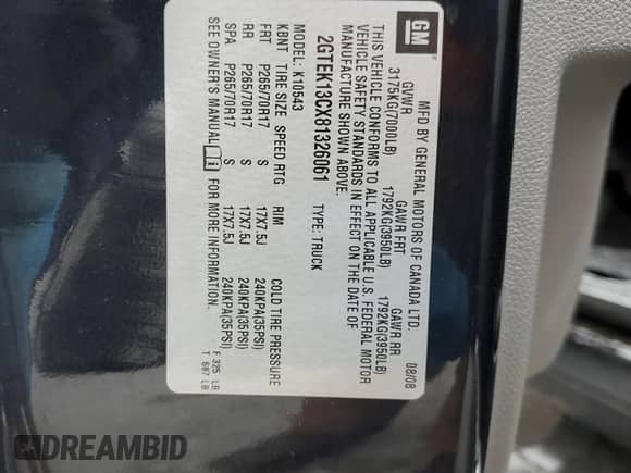2008 GMC Sierra 1500 SL with VIN 2GTEK13CX81326061, listed as a Copart auction lot 87252824 with 164,594 mi miles and Non repairable. Bid and sale history available at DreamBid. Image 12.