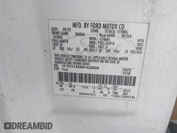 2006 Ford F-150 XLT with VIN 1FTPX12596FA22609, listed as a IAAI auction lot 43109366 with 190,838 mi miles and . Bid and sale history available at DreamBid. Image 9.
