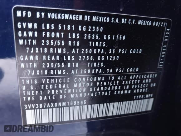 2022 Volkswagen Tiguan SE z VIN 3VV3B7AX0NM169565, wystawiony jako IAAI lot #43389301 z przebiegiem 30 159 mil mil oraz . Historia ofert i sprzedaży dostępna na DreamBid. Obrazek 9.