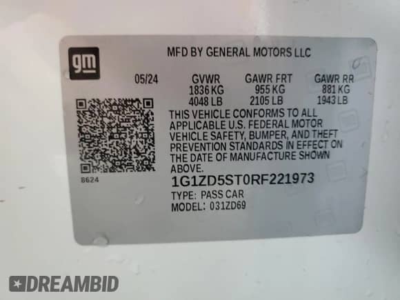 2024 Chevrolet Malibu LT with VIN 1G1ZD5ST0RF221973, listed as a Copart auction lot 89926015 with 44,794 mi miles and Clean title. Bid and sale history available at DreamBid. Image 13.