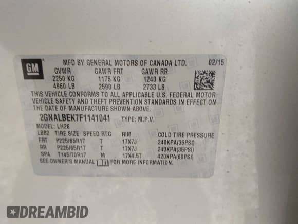 2015 Chevrolet Equinox LT with VIN 2GNALBEK7F1141041, listed as a IAAI auction lot 43204423 with 106,241 mi miles and . Bid and sale history available at DreamBid. Image 9.