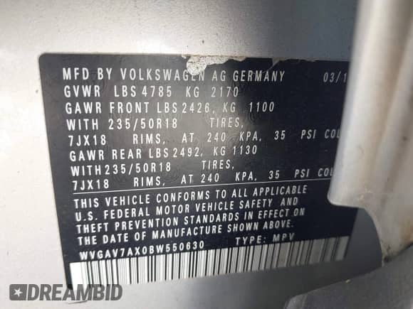 2011 Volkswagen Tiguan S with VIN WVGAV7AX0BW550630, listed as a IAAI auction lot 42445650 with 185,176 mi miles and . Bid and sale history available at DreamBid. Image 9.