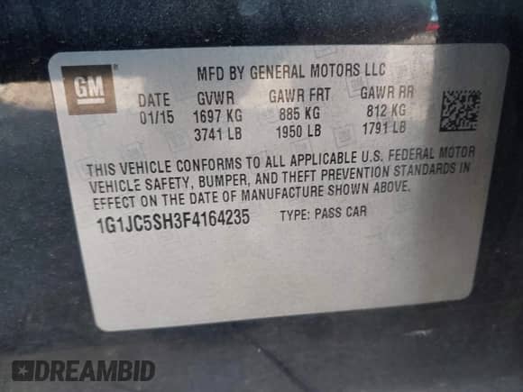 2015 Chevrolet Sonic LT с VIN 1G1JC5SH3F4164235, выставлен на аукционе IAAI как лот 43274791 с пробегом 144 000 миль миль и . История ставок и продаж доступна на DreamBid. Изображение 9.
