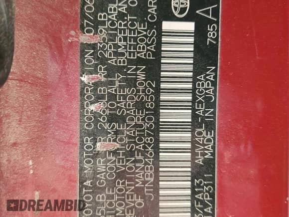 2007 Toyota Camry с VIN JTNBB46K873018592, выставлен на аукционе Copart как лот 87068455 с пробегом 161 998 миль миль и Чистый • Clean title. История ставок и продаж доступна на DreamBid. Изображение 12.