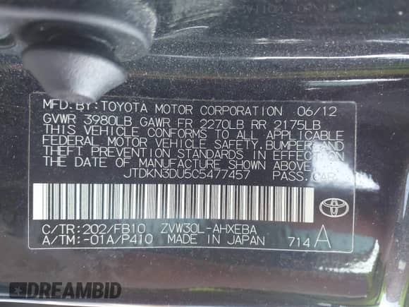2012 Toyota Prius One с VIN JTDKN3DU5C5477457, выставлен на аукционе IAAI как лот 43210340 с пробегом 180 912 миль миль и . История ставок и продаж доступна на DreamBid. Изображение 9.