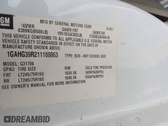 2001 Chevrolet Express с VIN 1GAHG39R211180863, выставлен на аукционе IAAI как лот 41855235 с пробегом 148 672 миль миль и . История ставок и продаж доступна на DreamBid. Изображение 9.
