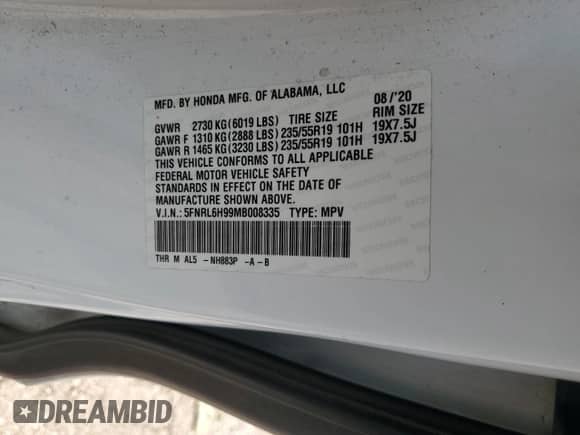 2021 Honda Odyssey Elite с VIN 5FNRL6H99MB008335, выставлен на аукционе Copart как лот 64603465 с пробегом 66 136 миль миль и Списание • Salvage title. История ставок и продаж доступна на DreamBid. Изображение 13.
