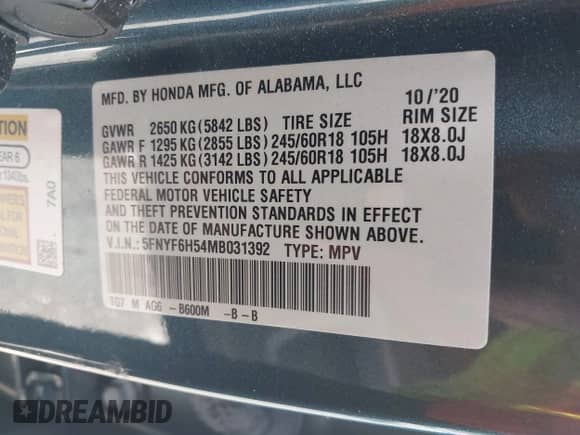 2021 Honda Pilot EX-L с VIN 5FNYF6H54MB031392, выставлен на аукционе IAAI как лот 42835216 с пробегом 48 278 миль миль и . История ставок и продаж доступна на DreamBid. Изображение 9.